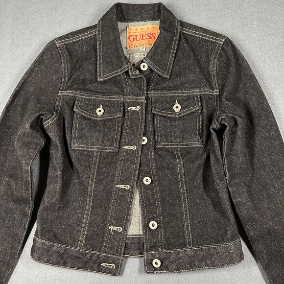 Vtg Guess Womens Medium Black Cropped Denim Trucker Jacket 80s 90s Made in USA - Picture 2 of 8